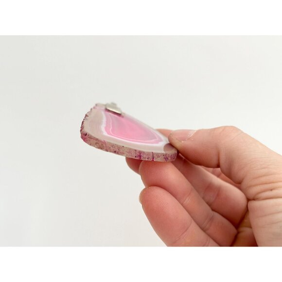 Pink Slice Agate Crystal Geode Freeform Shaped Large Silver T Vintage Pendant - Picture 5 of 13